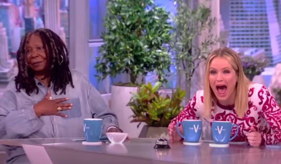 Sara Haines laughs at Whoopi Goldberg's slip-up on "The View" Tuesday.