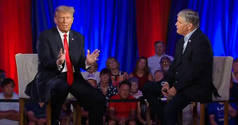 President Donald Trump speaks during a town hall with Fox News' Sean Hannity.