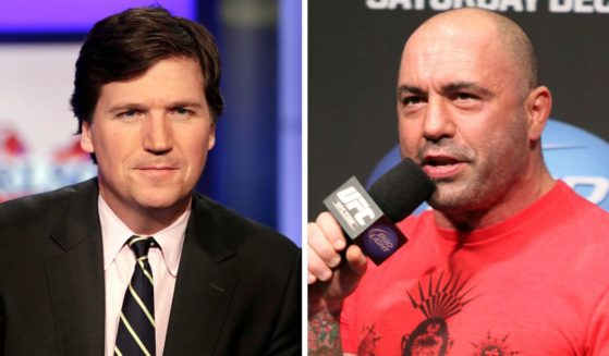 Left: Tucker Carlson, host of "Tucker Carlson Tonight," poses for photos in a Fox News Channel studio on March 2, 2017, in New York. (Richard Drew / AP) Left: UFC announcer and podcaster Joe Rogan speaks at the weigh in before a UFC on FOX 5 event in Seattle, on Dec. 7, 2012. (Gregory Payan / AP)
