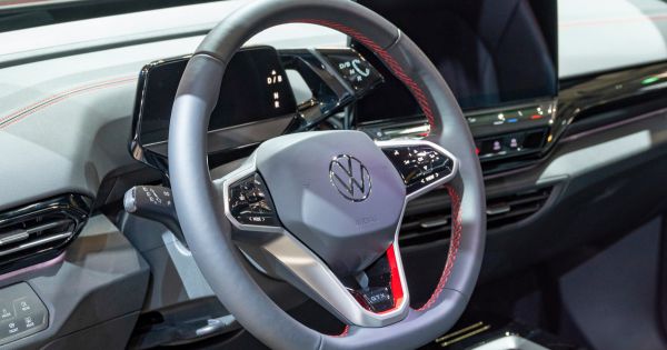 The steering wheel of a Volkswagen full electric SUV is on display at the Brussels Expo in Brussels, Belgium, on Jan. 13. An experimental Volkswagen hybrid exploded on Friday in Naples, Italy.
