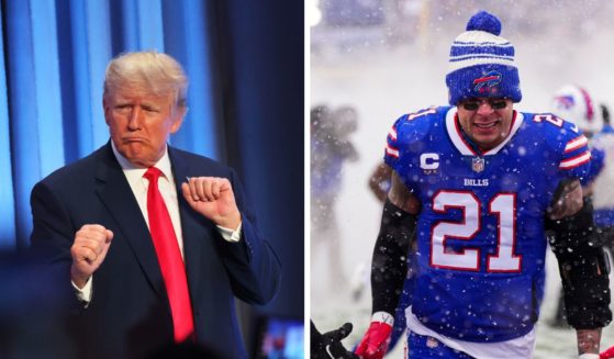 (L) Former President Donald Trump dances after speaking at the Moms for Liberty Joyful Warriors national summit at the Philadelphia Marriott Downtown on June 30, 2023 in Philadelphia. (R) Jordan Poyer #21 of the Buffalo Bills runs onto the field during introductions against the Cincinnati Bengals at Highmark Stadium on January 22, 2023 in Orchard Park, New York.