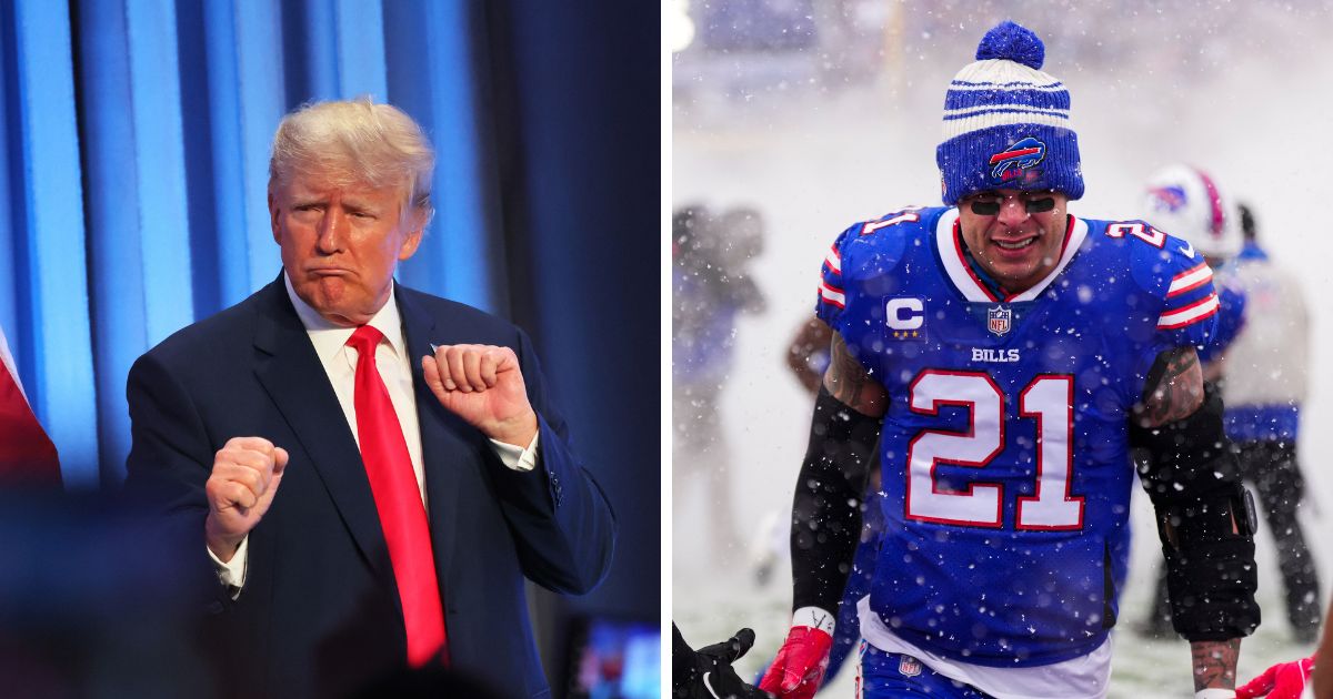 (L) Former President Donald Trump dances after speaking at the Moms for Liberty Joyful Warriors national summit at the Philadelphia Marriott Downtown on June 30, 2023 in Philadelphia. (R) Jordan Poyer #21 of the Buffalo Bills runs onto the field during introductions against the Cincinnati Bengals at Highmark Stadium on January 22, 2023 in Orchard Park, New York.