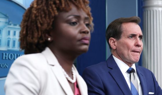 White House press secretary Karine Jean-Pierre, left, and National Security Council spokesman John Kirby look on during the daily news briefing in the Brady Press Briefing Room of the White House in Washington on Monday.