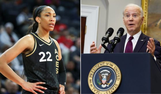 At left, A'ja Wilson of the Las Vegas Aces waits for a teammate to shoot a free throw in a game against the Minnesota Lynx at Michelob ULTRA Arena in Las Vegas on May 28. At right, President Joe Biden speaks at the White House in Washington on May 9.