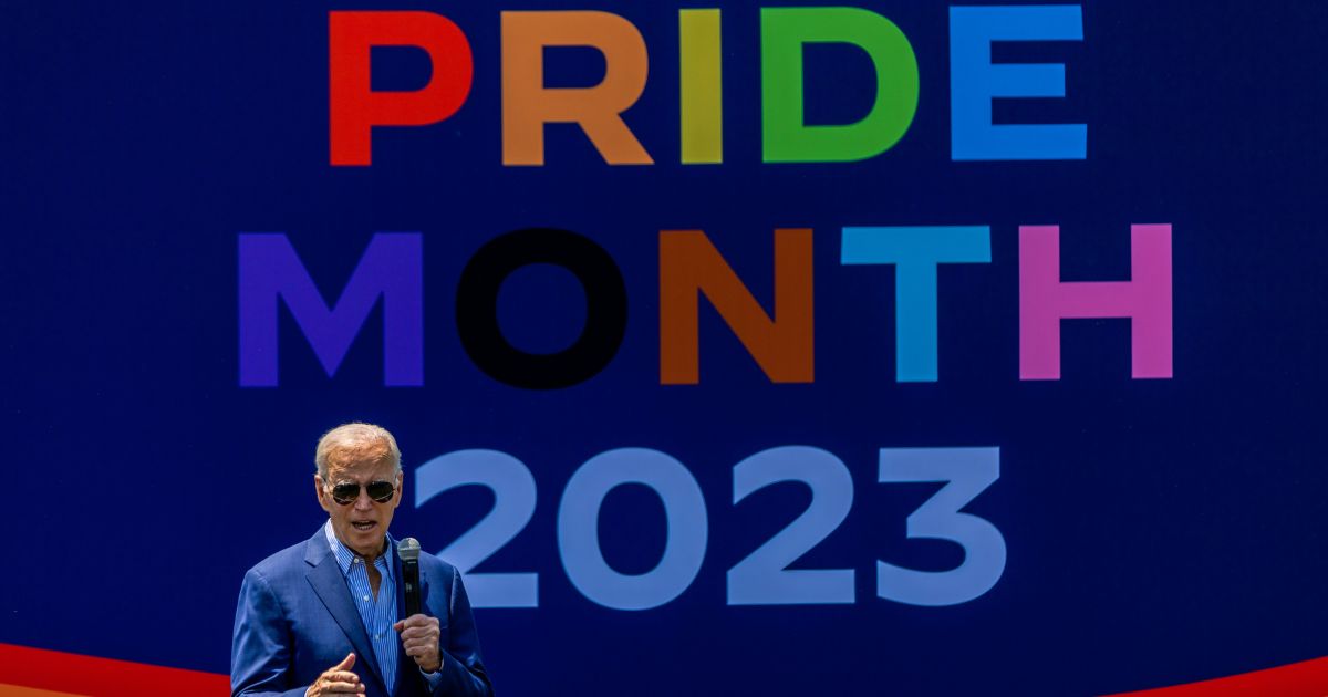 President Joe Biden speaks at the "pride month" celebration on the South Lawn of the White House on Saturday in Washington, D.C.