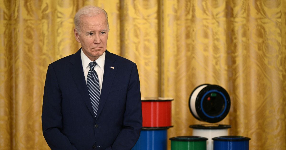 President Joe Biden looks on during a high-speed internet infrastructure announcement in the East Room of the White House in Washington, D.C., on Monday.