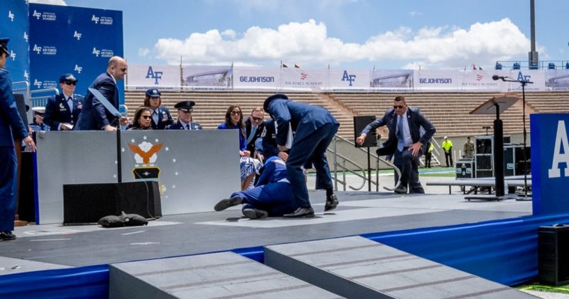 President Joe Biden falls on stage Thursday during the United States Air Force Academy graduation ceremony in Colorado Springs, Colorado.