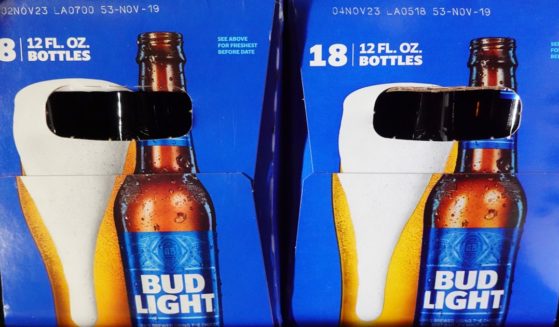 Packages of Bud Light beer are displayed for sale in a grocery store in Los Angeles.