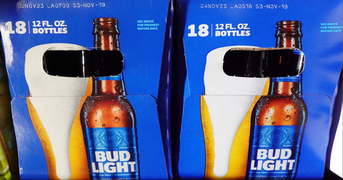 Packages of Bud Light beer are displayed for sale in a grocery store in Los Angeles.