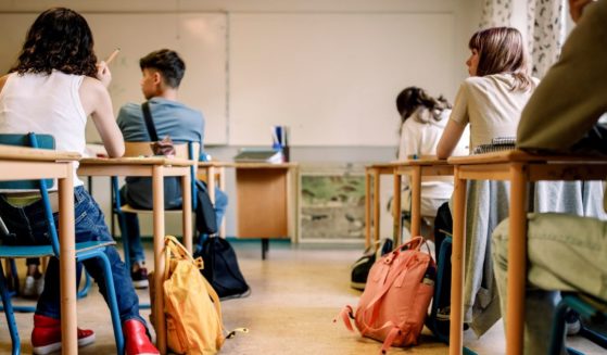 This stock image shows young students sitting in a classroom.