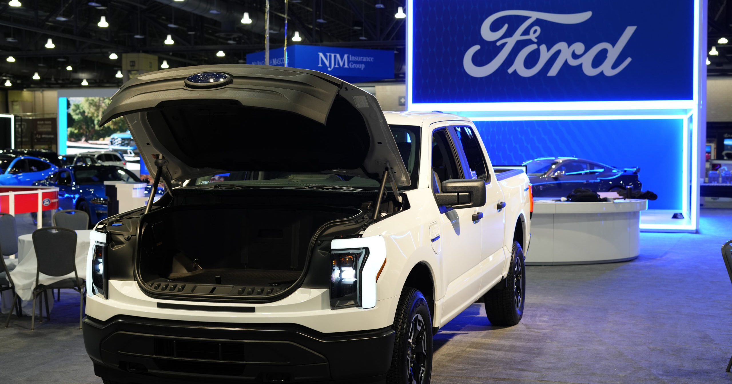 The Ford F-150 Lightning is displayed at the Philadelphia Auto Show on Jan. 27.