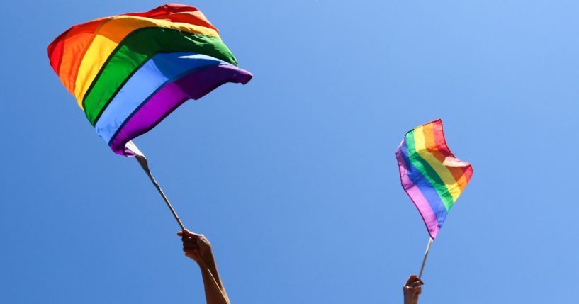 People wave rainbow flags in the above stock image.