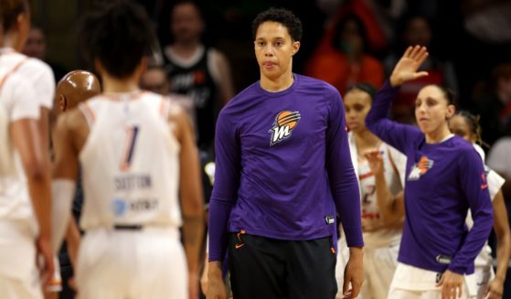 Brittney Griner #42 of the Phoenix Mercury walks on the court following the Mercury's loss to the Washington Mystics at Entertainment & Sports Arena on Friday in Washington, D.C.