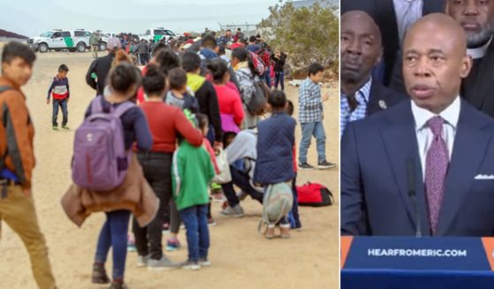 A line of immigrants waits to surrender to the Border Patrol in a 2019 file photo, left; New York City Mayor Eric Adams, right.