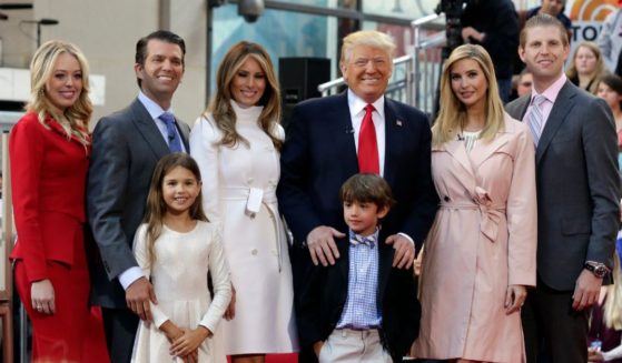Ivanka Trump, second from the right, poses for a photo with family members on the NBC "Today" show in New York on April 21, 2016. From left are her sister Tiffany Trump, brother Donald Trump Jr., stepmother Melania Trump, father Donald Trump and brother Eric Trump.