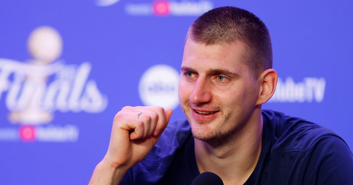 Nikola Jokić of the Denver Nuggets speaks with media after a 94-89 victory against the Miami Heat in Game Five of the 2023 NBA Finals to win the NBA Championship at Ball Arena Monday in Denver.