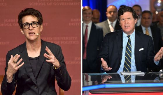 Rachel Maddow, left, speaks at Harvard University. Tucker Carlson hosts the 2022 Fox Nation Patriot Awards.