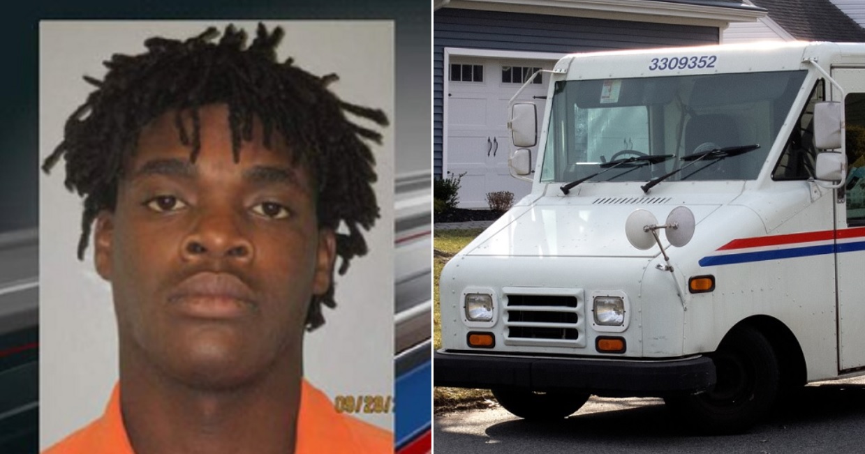 Trevor Raekwon Seward, left, who was sentenced to life in prison last week for murdering a U.S. mail carrier in South Carolina in 2019. Right, a file photo of a mail truck.