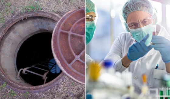 A partially opened manhole, left, and a laboratory scene, right, are pictured in stock photos.