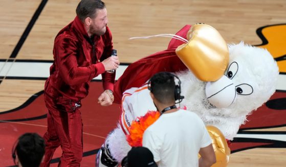 MMA fighter Conor McGregor punches Burnie, the Miami Heat mascot, during a break in Game 4 of the basketball NBA Finals in Miami on Friday.