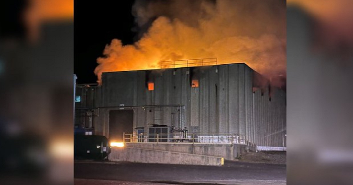 A fire burns brightly Monday at a plant that manufactures lithium ingots in Bessemer City, North Carolina.