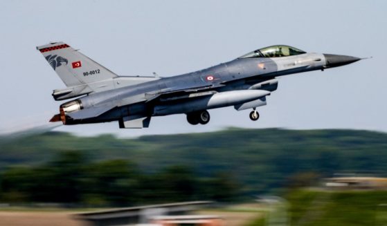 An F-16 combat jet aircraft of the Turkish airforce takes off at the Air Defender Exercise 2023 in the military airport of Jagel, northern Germany, on Friday.