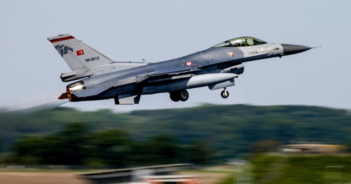 An F-16 combat jet aircraft of the Turkish airforce takes off at the Air Defender Exercise 2023 in the military airport of Jagel, northern Germany, on Friday.