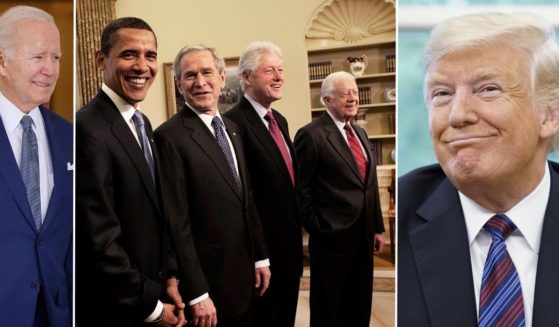 At left, President Joe Biden steps out of the Oval Office of the White House in Washington on Sept. 27, 2022. At center, former Presidents Barack Obama, George W. Bush, Bill Clinton and Jimmy Carter pose in the Oval Office on Jan. 7, 2009. At right, then-President Donald Trump smiles in the Oval Office on Aug. 27, 2018.