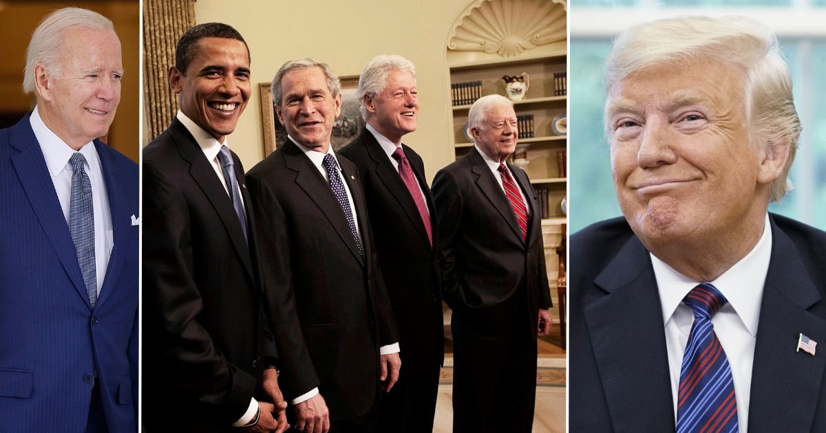 At left, President Joe Biden steps out of the Oval Office of the White House in Washington on Sept. 27, 2022. At center, former Presidents Barack Obama, George W. Bush, Bill Clinton and Jimmy Carter pose in the Oval Office on Jan. 7, 2009. At right, then-President Donald Trump smiles in the Oval Office on Aug. 27, 2018.
