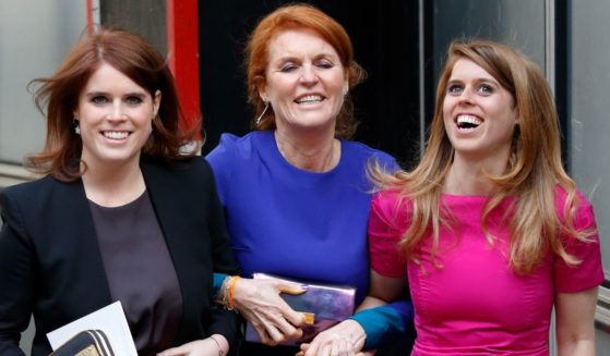 Princess Eugenie, Sarah Ferguson, Duchess of York and Princess Beatrice attend the wedding of Petra Palumbo and Simon Fraser, Lord Lovat at St Stephen Walbrook church on May 14, 2016, in London.