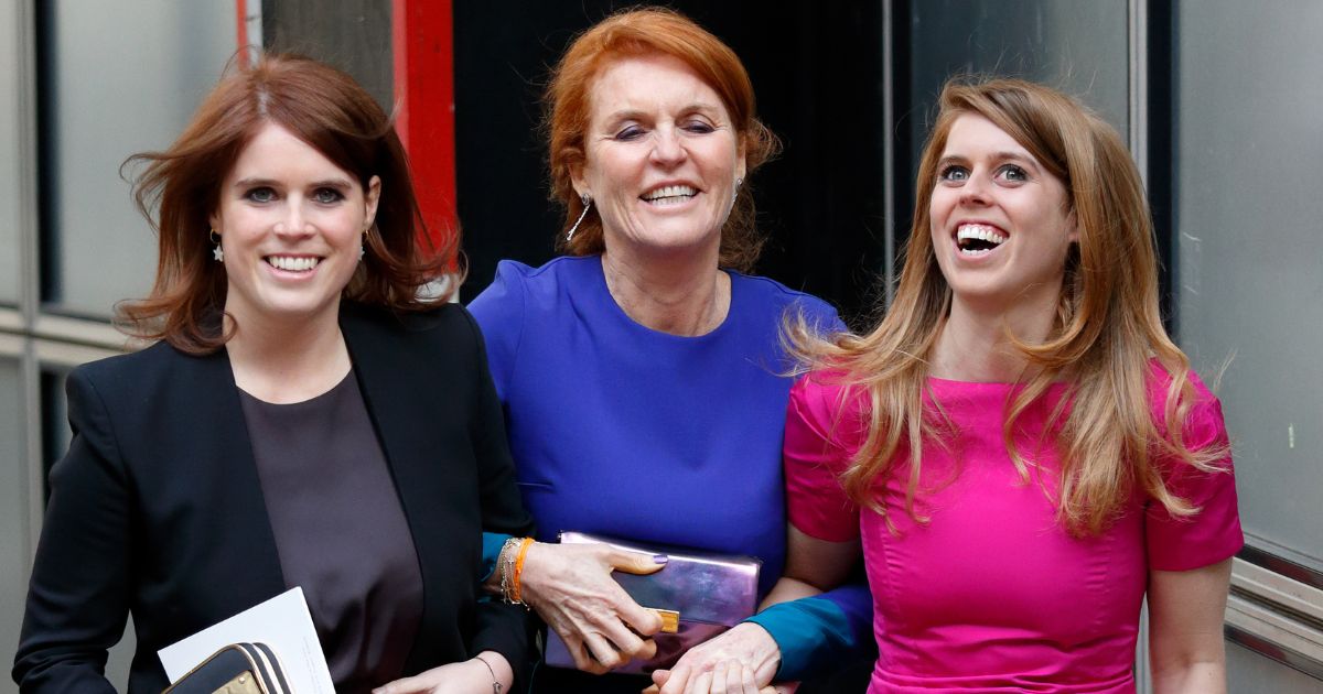 Princess Eugenie, Sarah Ferguson, Duchess of York and Princess Beatrice attend the wedding of Petra Palumbo and Simon Fraser, Lord Lovat at St Stephen Walbrook church on May 14, 2016, in London.