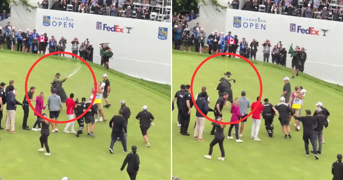 security guard tackling a professional golfer