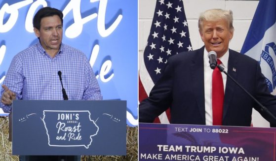 On the left, Republican presidential candidate Florida Gov. Ron DeSantis speaks to guests on Saturday in Des Moines, Iowa. On the right, former President Donald Trump greets supporters on June 1 in Grimes, Iowa.