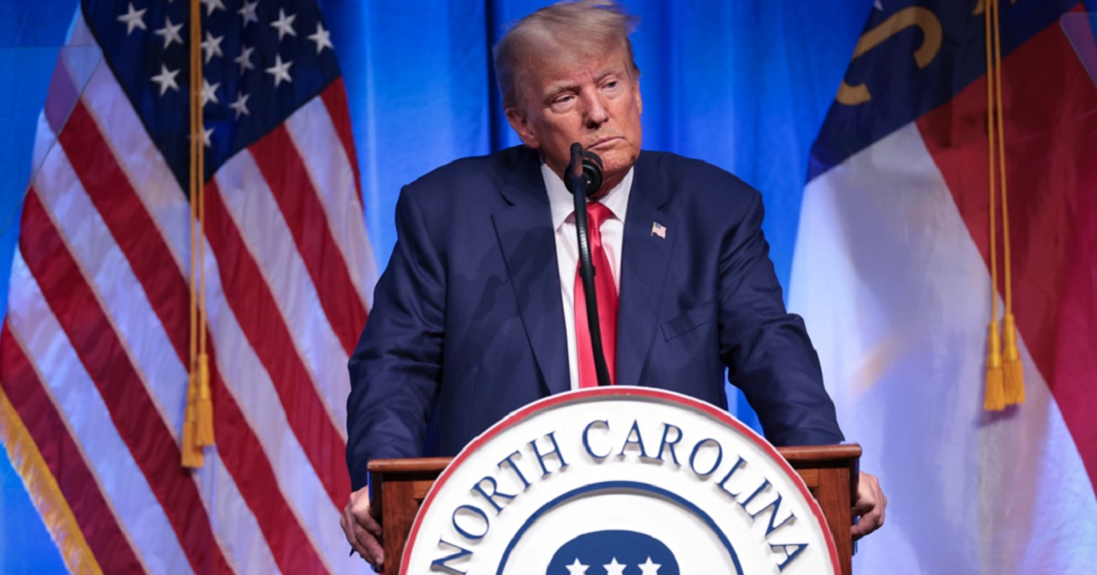 Former President Donald Trump is pictured speaking Saturday in Greensboro, North Carolina, at the North Carolina Republican Party’s annual state convention.