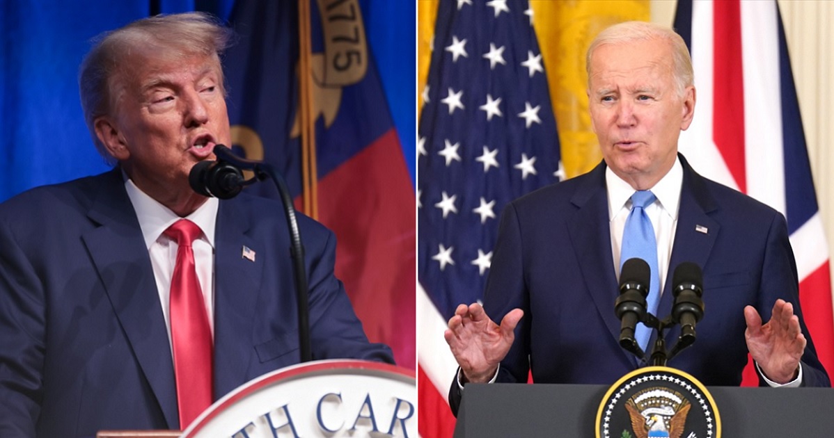 Former President Donald Trump, left, speaks Saturday in Greensboro, North Carolina, at the North Carolina Republican Party's annual convention. President Joe Biden, right, is pictured Thursday in the White House.