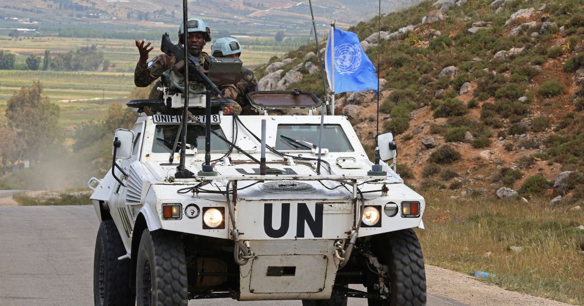 Peacekeepers of the United Nations Interim Force in Lebanon (UNIFIL) patrol the southern Lebanese plain of Khiam bordering the Israeli town of Metula, on May 21, 2023.
