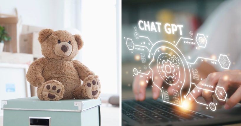 An ordinary teddy bear, like the one on the left, is now being meshed with AI for a futuristic tech toy that has the potential for unpleasant consequences.