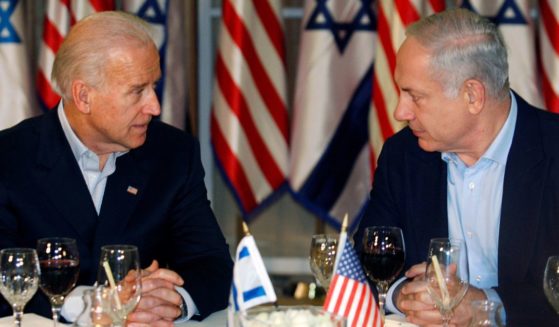 Then-Vice President Joe Biden, left, sits with Israeli Prime Minister Benjamin Netanyahu before a dinner in Jerusalem on March 9, 2010.