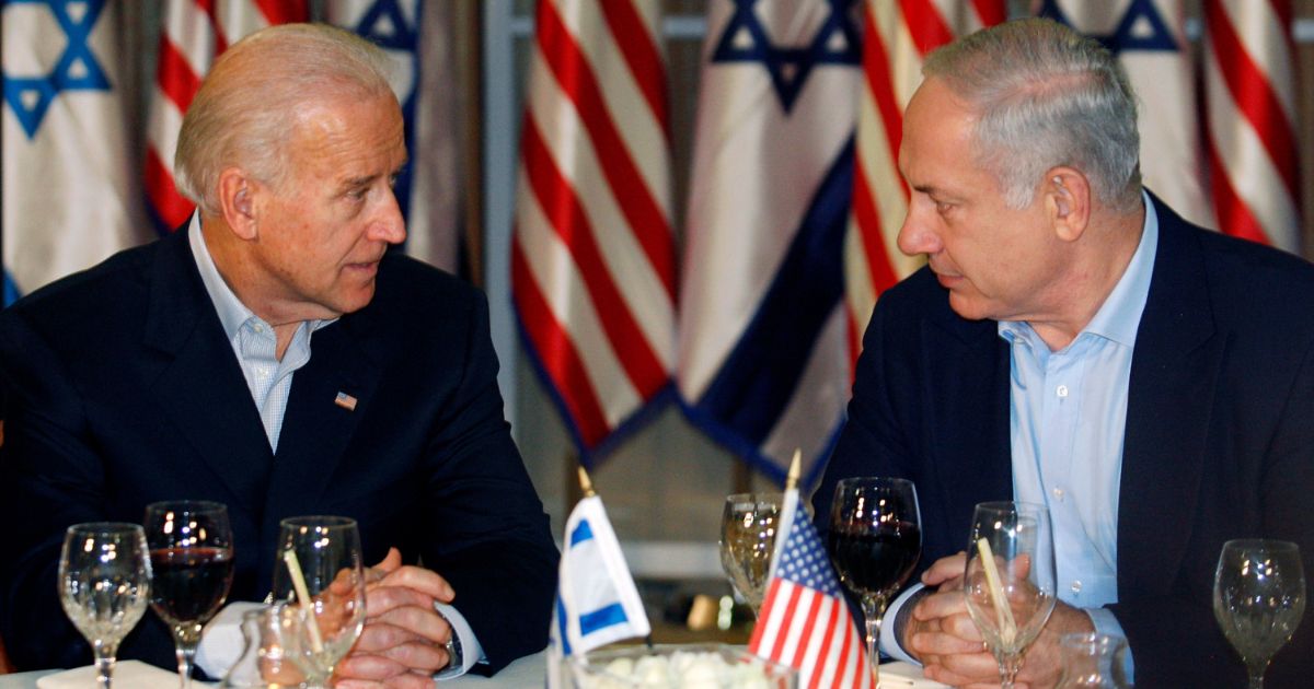 Then-Vice President Joe Biden, left, sits with Israeli Prime Minister Benjamin Netanyahu before a dinner in Jerusalem on March 9, 2010.