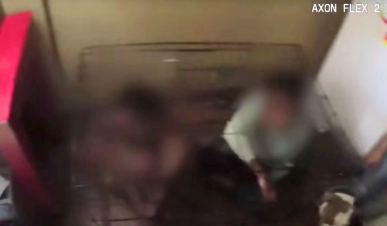 Two children are seen in a dog kennel at their Las Vegas home.