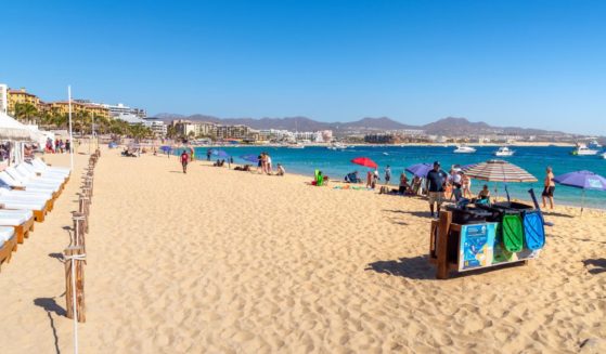 Lounge chairs are lined up in the sand on a sunny day at the public beach in the resort town of Cabo San Lucas, Mexico, on Jan. 14, 2022.