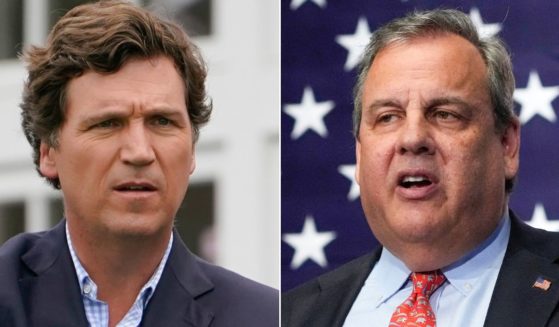 At left, Tucker Carlson attends the final round of the Bedminster Invitational LIV Golf Tournament in Bedminster, New Jersey, on July 31, 2022. At right, Republican presidential candidate and former New Jersey Gov. Chris Christie speaks during a gathering in Manchester, New Hampshire, on June 6.