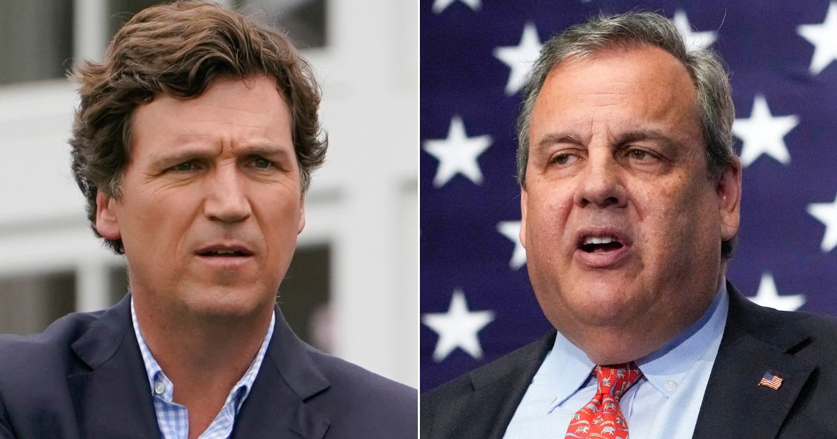 At left, Tucker Carlson attends the final round of the Bedminster Invitational LIV Golf Tournament in Bedminster, New Jersey, on July 31, 2022. At right, Republican presidential candidate and former New Jersey Gov. Chris Christie speaks during a gathering in Manchester, New Hampshire, on June 6.