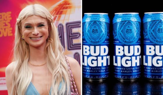 Dylan Mulvaney attends an event on July 20 in New York City. Cans of Bud Light are seen in the stock image on the right.