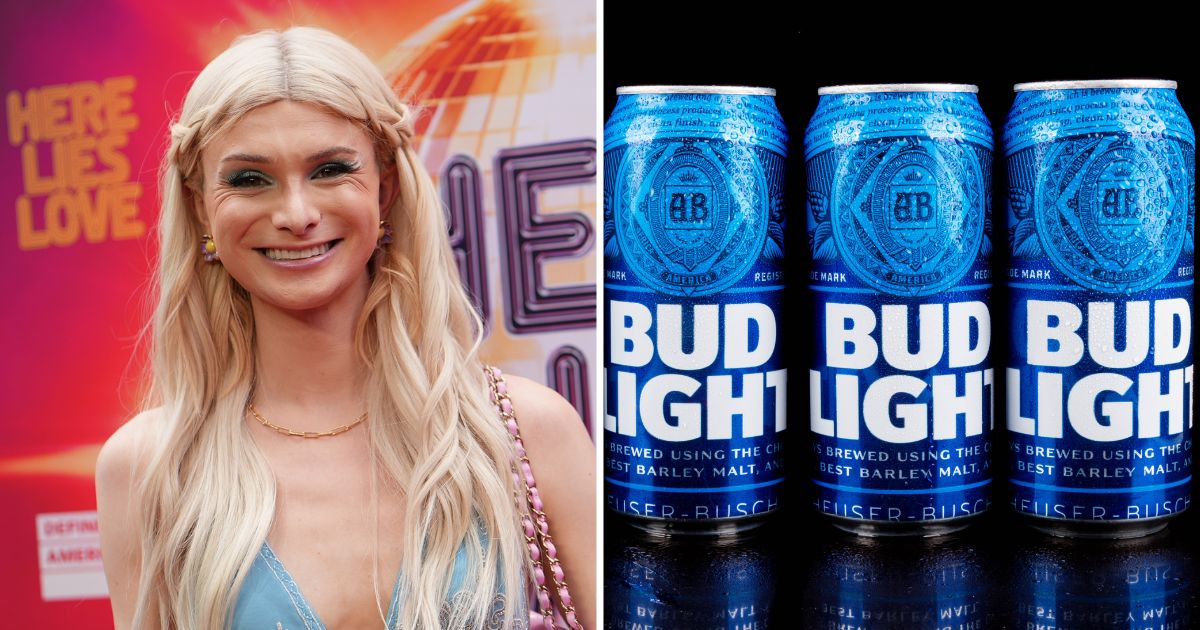Dylan Mulvaney attends an event on July 20 in New York City. Cans of Bud Light are seen in the stock image on the right.