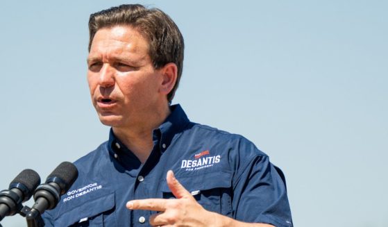 Republican presidential candidate and Florida Gov. Ron DeSantis speaks during a news conference on the banks of the Rio Grande in Eagle Pass, Texas, on June 26.