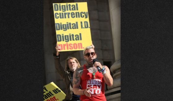 Not everyone thinks digital ID is a great innovation. Canadian freedom activist Chris Sky is seen speaking to assembled protesters outside the Bank of England in London on September 17, 2022. However, a representative of a digital ID provider recently said the technology is coming, "whether you like it or not."