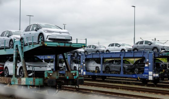 Various electric cars from the automobile manufacturer Volkswagen are transported in Zwickau, Germany, on May 24.