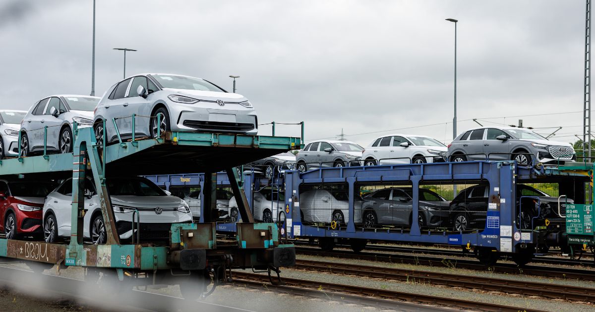 Various electric cars from the automobile manufacturer Volkswagen are transported in Zwickau, Germany, on May 24.