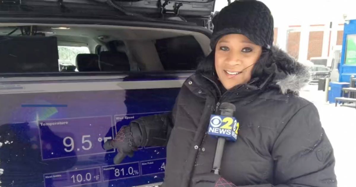 Elise Finch films a meteorology news segment for CBS New York.